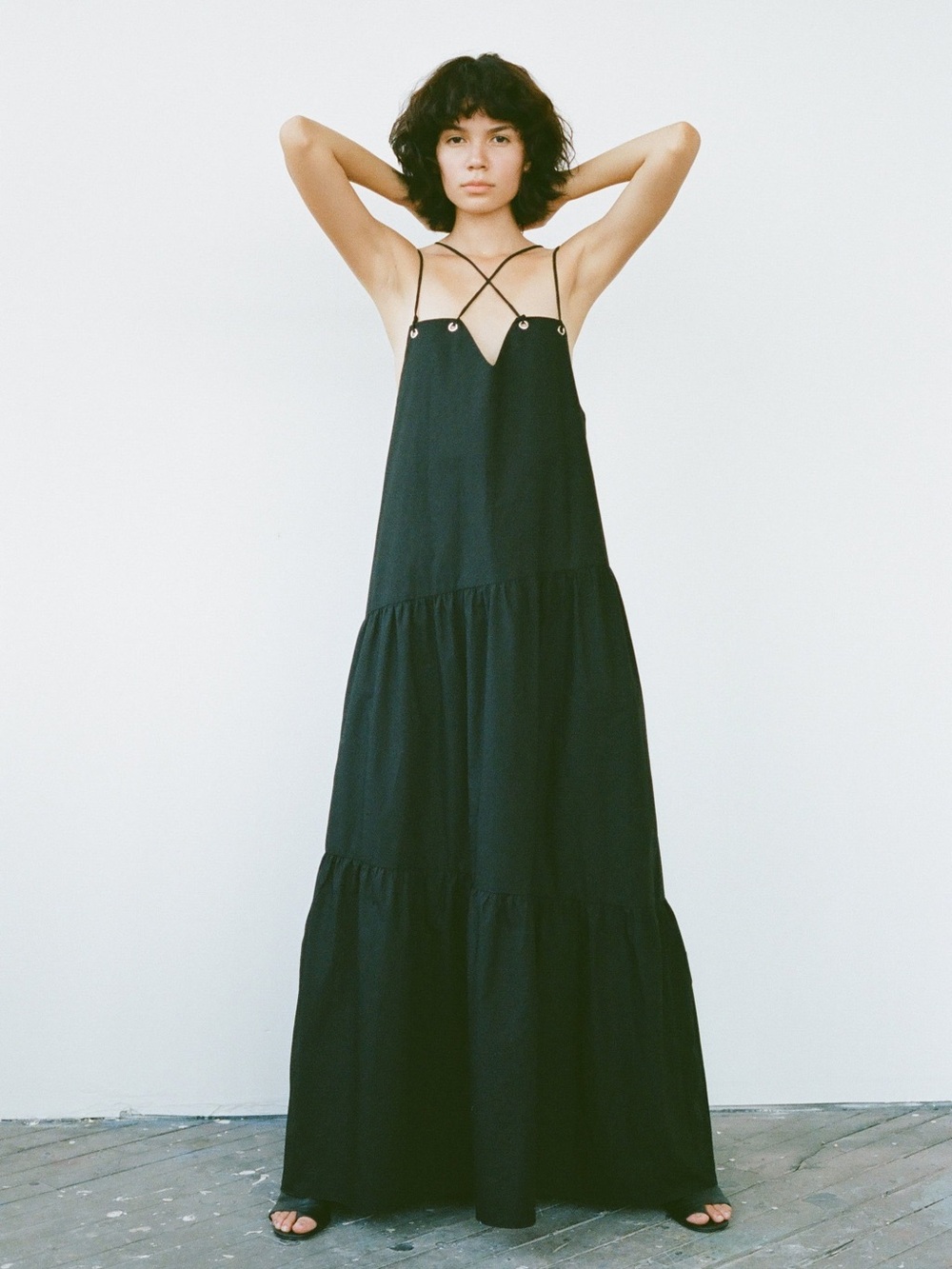 NOMIA NYC Black Tiered Maxi Dress 100% Cotton Pockets artsy quiet luxury size 6